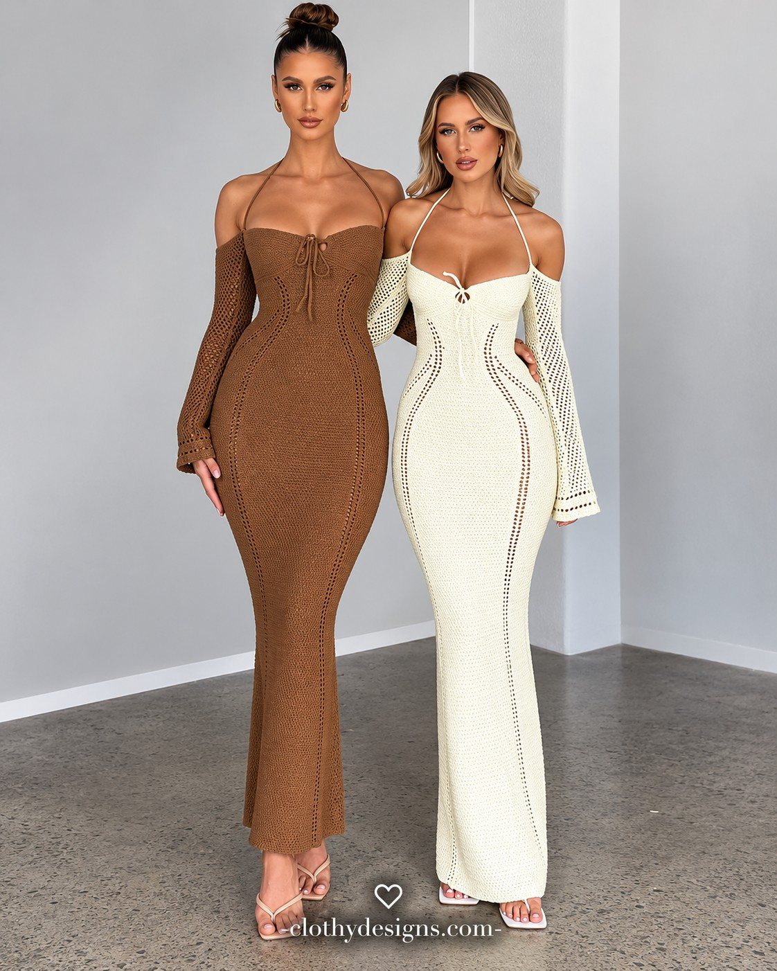 Elegant Sexy Backless Tie Front Maxi Dresses Vestido  title                Women's Off-Shoulder Halter Knit Maxi Dress – Long Sleeve Backless Tie-Front Elegant Evening Dress